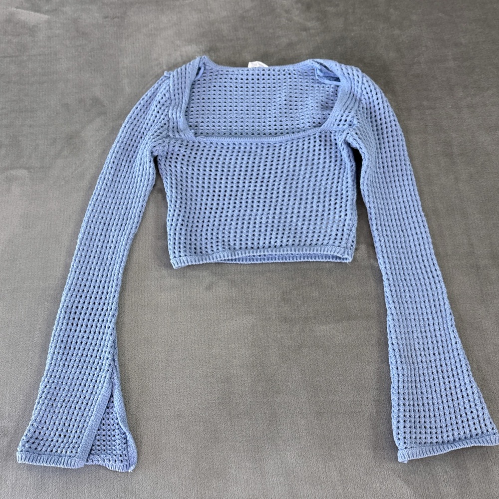 Garage Blue Crochet Openwork Mesh Cropped Top w/ Flared Sleeve Mermaidcore Beach